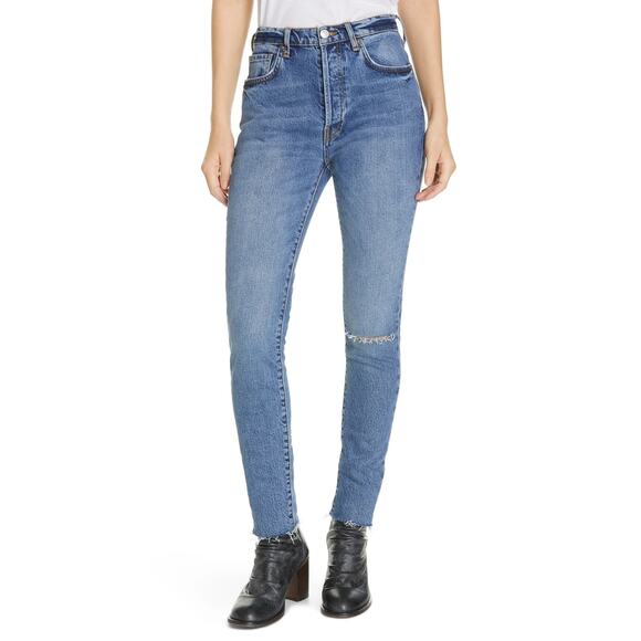 Free People Stella Skinny Jeans Size 26 Always Blue Distressed Raw Hem Denim - Picture 1 of 8